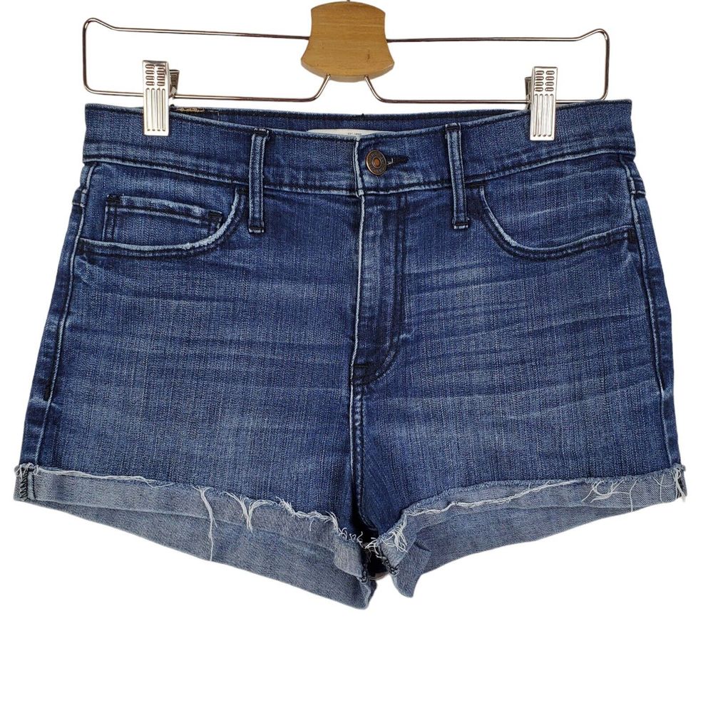 Abercrombie & Fitch Fold Up Raw Hem Medium Wash High Rise Denim Shorts Sz 8